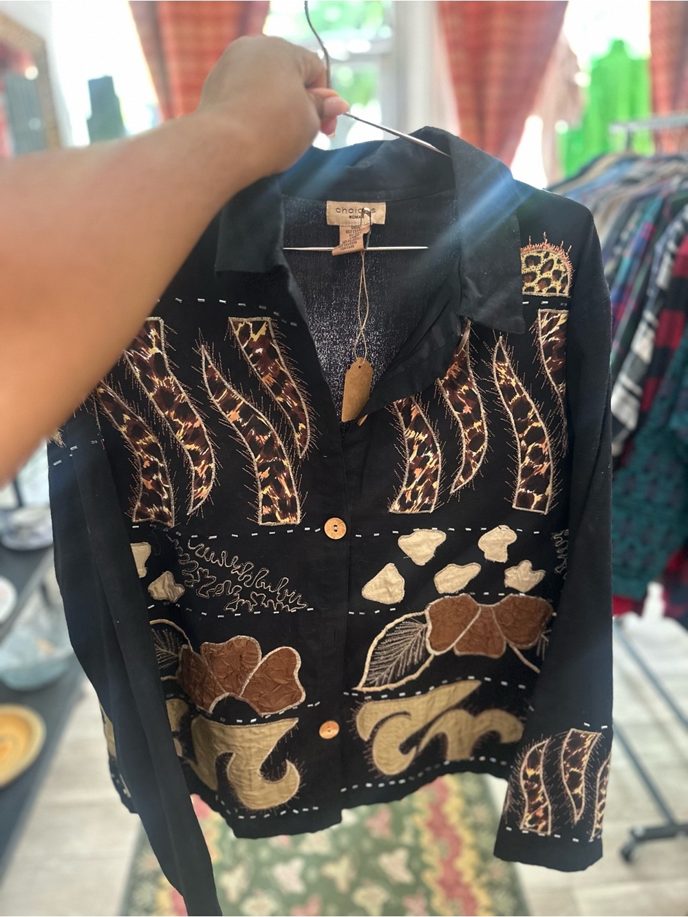 Vintage Choices Black Button-Down with Brown & Cream Embroidered Panels